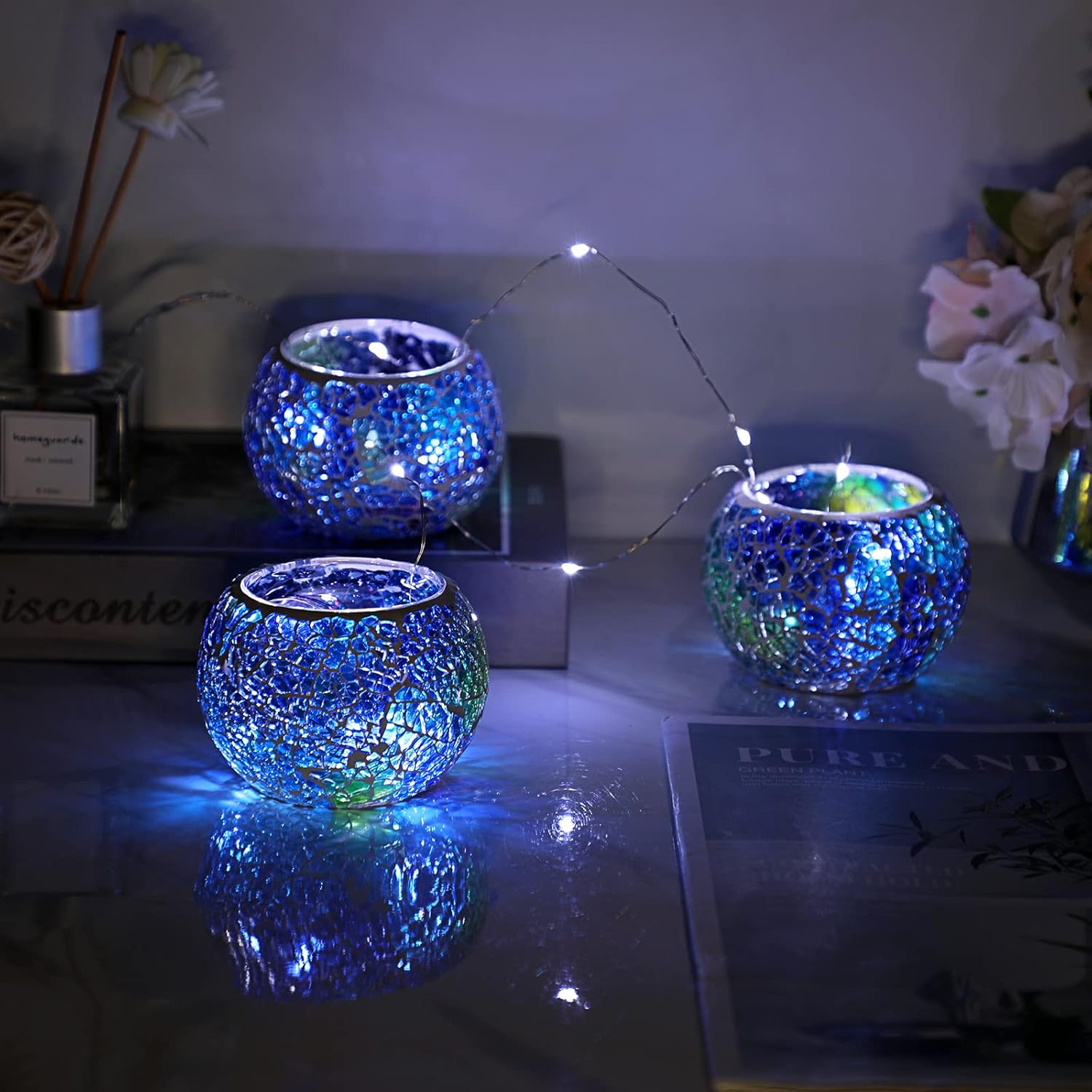 Set of 3 Blue Mosaic Glass Tea - Lighting Decoration Stand 评论和价格