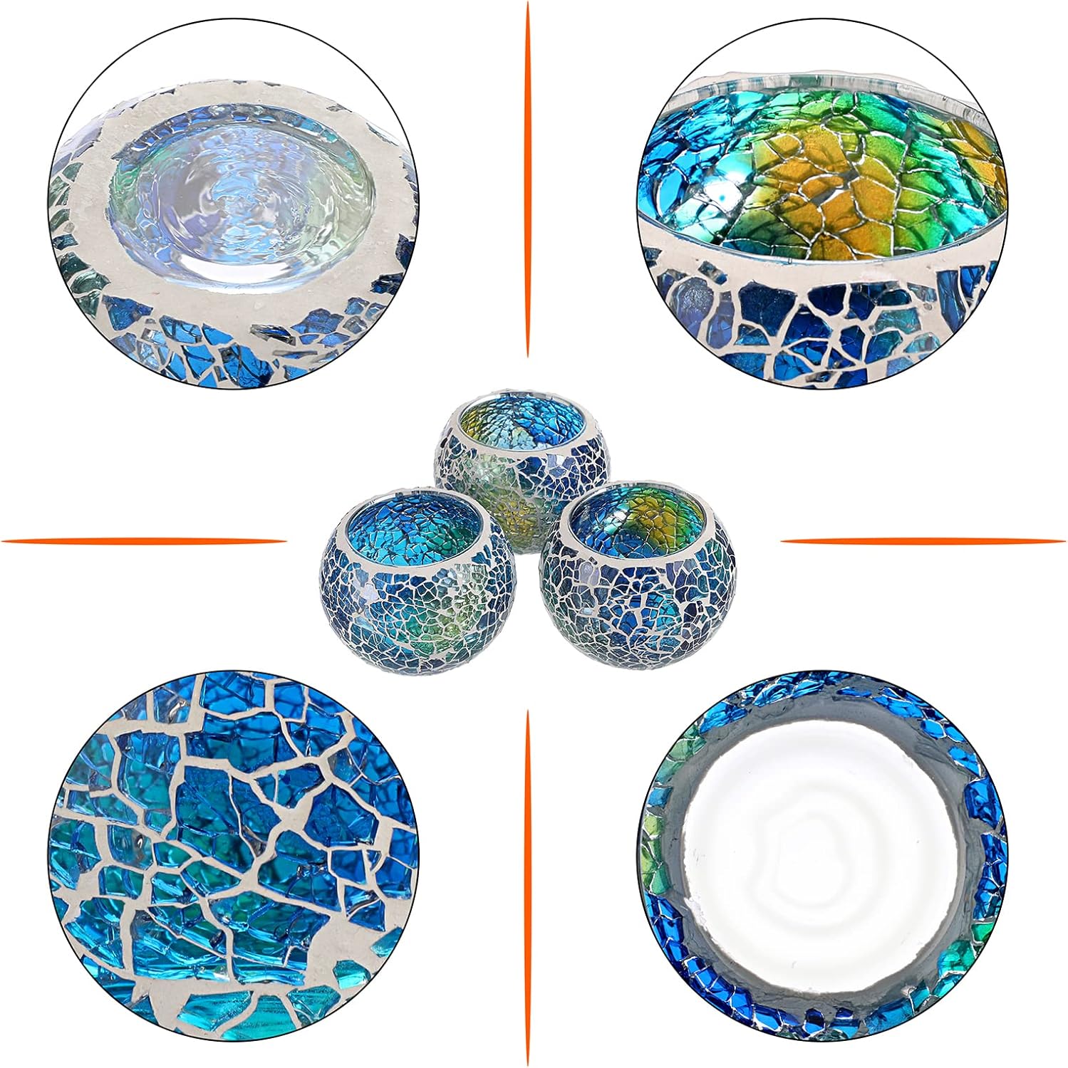 Set of 3 Blue Mosaic Glass Tea - Lighting Decoration Stand 评论和价格